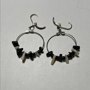 Silver Hoop Earrings with Black and White Chip Beads
